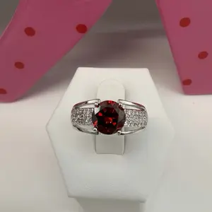 (R25) Silver Ring with Red Center Stone for Women