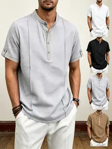 Men's Textured Henley Short Sleeve T-Shirt in Multiple Colors, Top, Streetwear, with Henley Neck and Button Cuff Design, Breathable Fabric Keeps You Cool & Sweat-Free, Cost-Effective Summer POLO Shirt Perfect for Commuting, Vacation & Daily Casual Wear