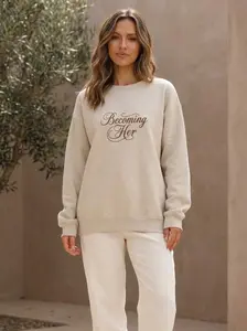 Neutral Beige Crewneck Sweatshirt Cozy Everyday Essential with "Becoming Her" Script for Layering and Lounging