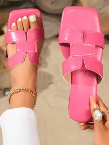 2026 Summer New Square Toe Flat Heel Sandals, PU Leather, Breathable H-Shape Design, Comfortable Flat Shoes, Perfect for Beach and Outdoor Activities