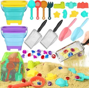 Summer Spring Gift Beach Sand Toys for Kids,Sand toys with 2 Collapsible Beach Bucket,2 Beach Sifter Shovel,Sand Shovel Set,Sand Castle Kit,Sea Animal Molds,Diving Gem Pool Toy,Mesh Bag Travel Toys for Toddler 3-10