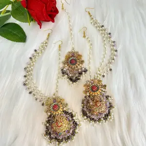 Desi Bollywood Floral Gold Jhumka With Ear Chain Saharas And Tikka Set for Festive Wear