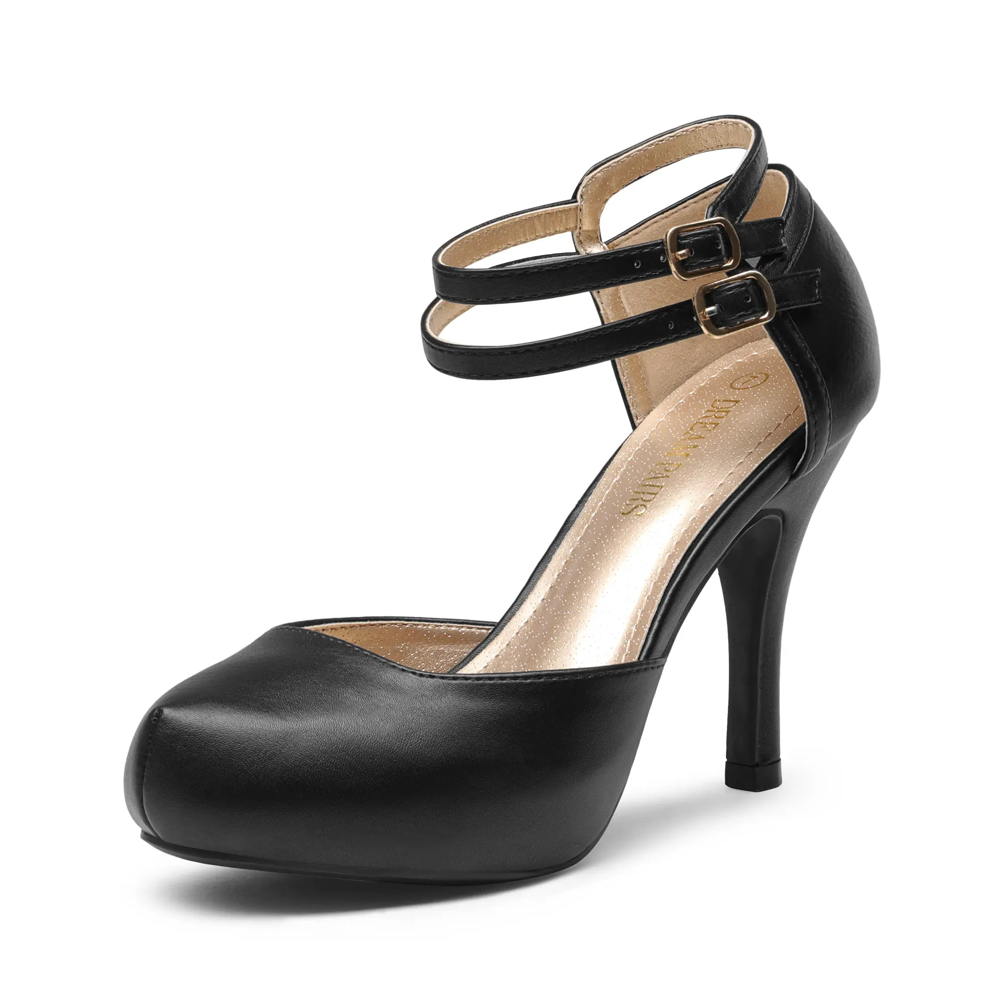 Dream Pairs Women's PU Leather Stiletto Pumps with Double Ankle Strap, Classy Almond Toe, 4 in High Heel Platform for Formal Events, Footwear, Elegant, Wide Width Fit, Double Straps, Fashion Apparel, Evening, Dress, Sweet, Buckle, Polyurethane, Women's Fa