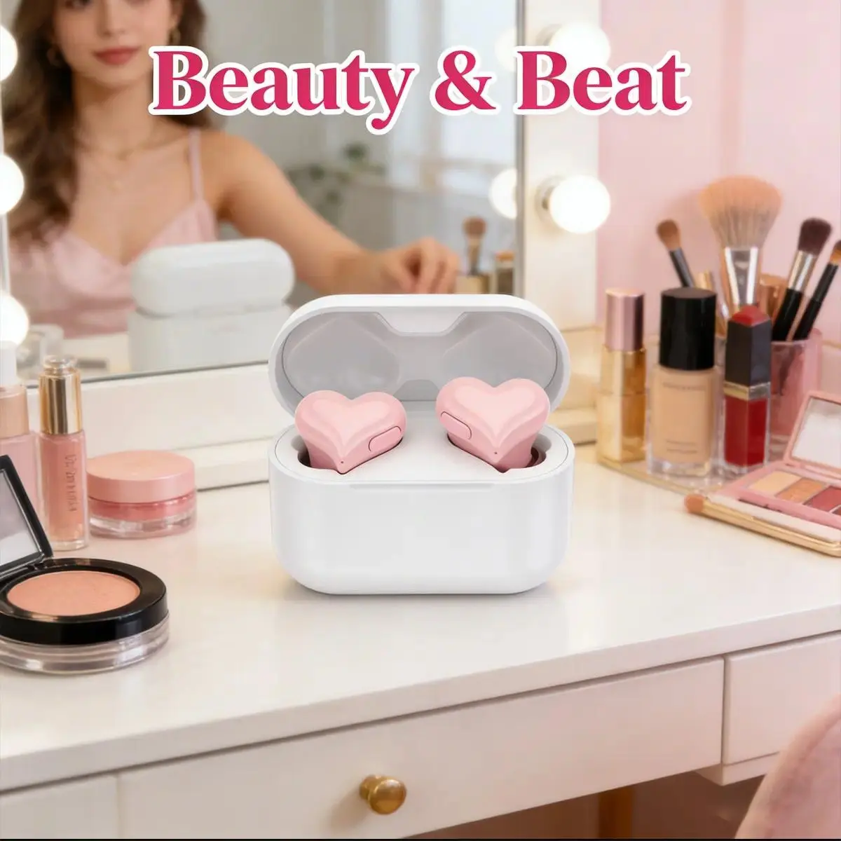 Chargeable Heart-Shaped In-Ear Plastic Wireless Bluetooth 5.3 Headphones - Audio Electronic Device with LED Touch Control, Ergonomic Design, IPX4 Water Resistance, Durable Charging Case, Valentine's Day Gift for Girls, Water Resistant