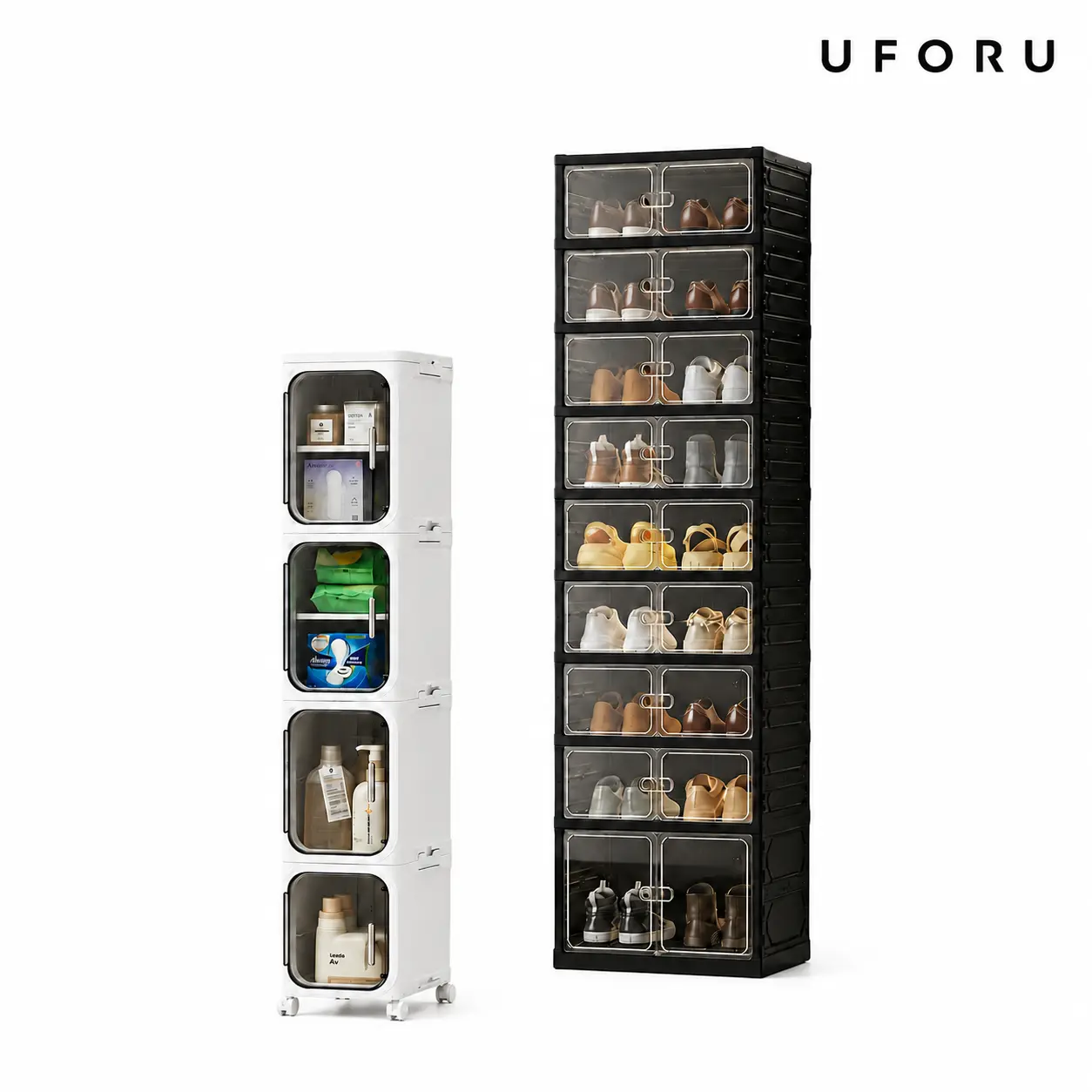 UFORU four-layer tall and narrow storage cabinet, made of plastic, with a slim design, doors and adjustable shelves, wheels, stackable and foldable, suitable for small spaces, bathrooms and kitchens,dealsforyou,midyearsale,dealsforyoudays,#SummerWins