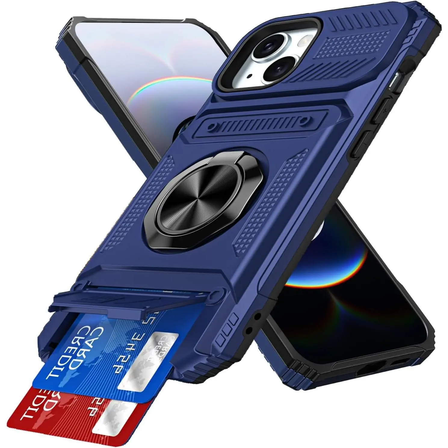 Military Grade Shockproof Armor Phone Case With Card Slot Ring Kickstand Slide Camera Cover, Compatible With iPhone 17 Pro Max 16 16E 15 14 13 12 11 Pro Max Plus