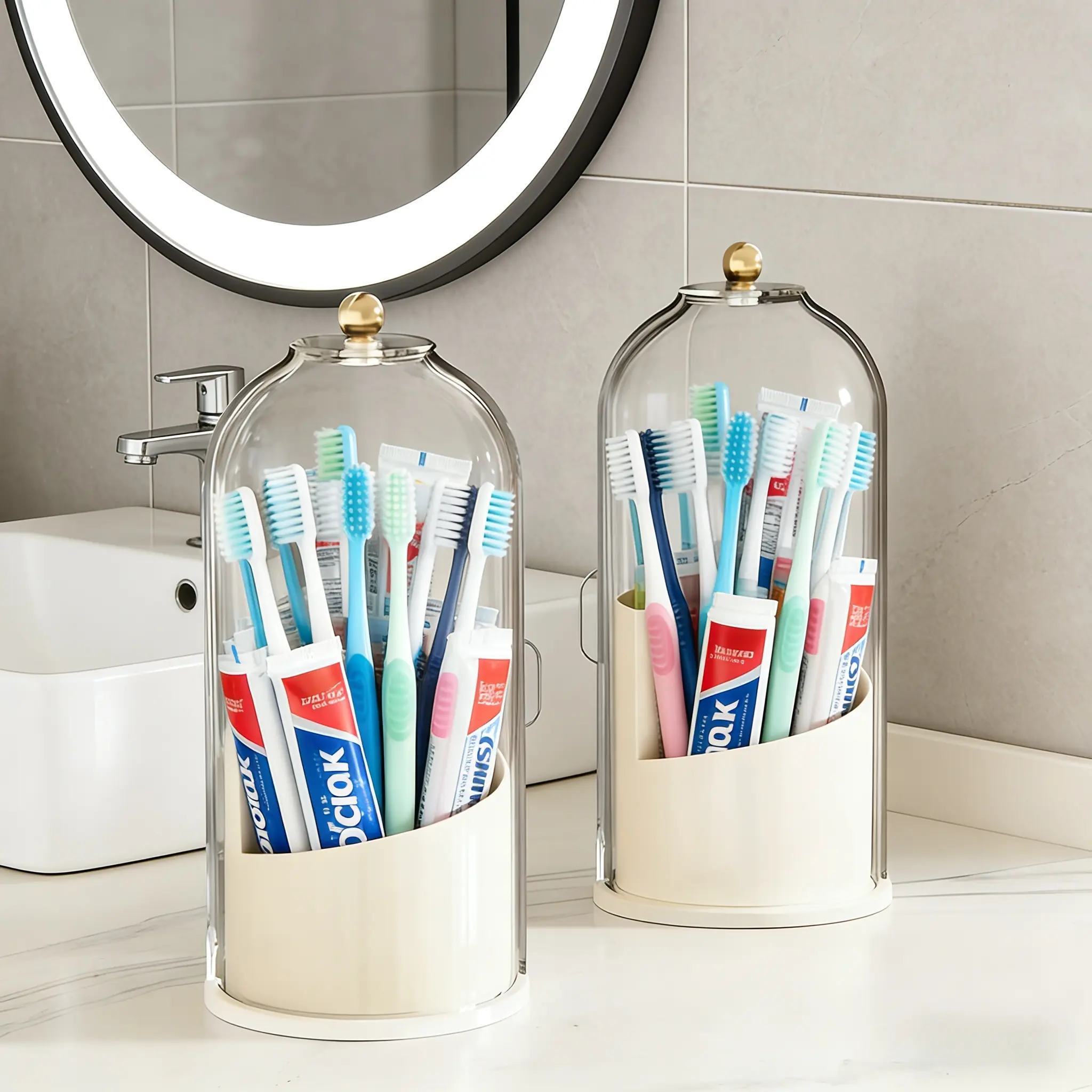 Toothbrush holder with lid, dustproof; electric toothbrush organizer with 3 slots, 360-degree rotation; bathroom countertop tidy; waterproof; home essentials; white; festive Christmas gift