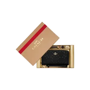 COACH Zip-Around 19 Card Wallet for Women – Smooth Calfskin and Leather-Blend Printed Design in Black