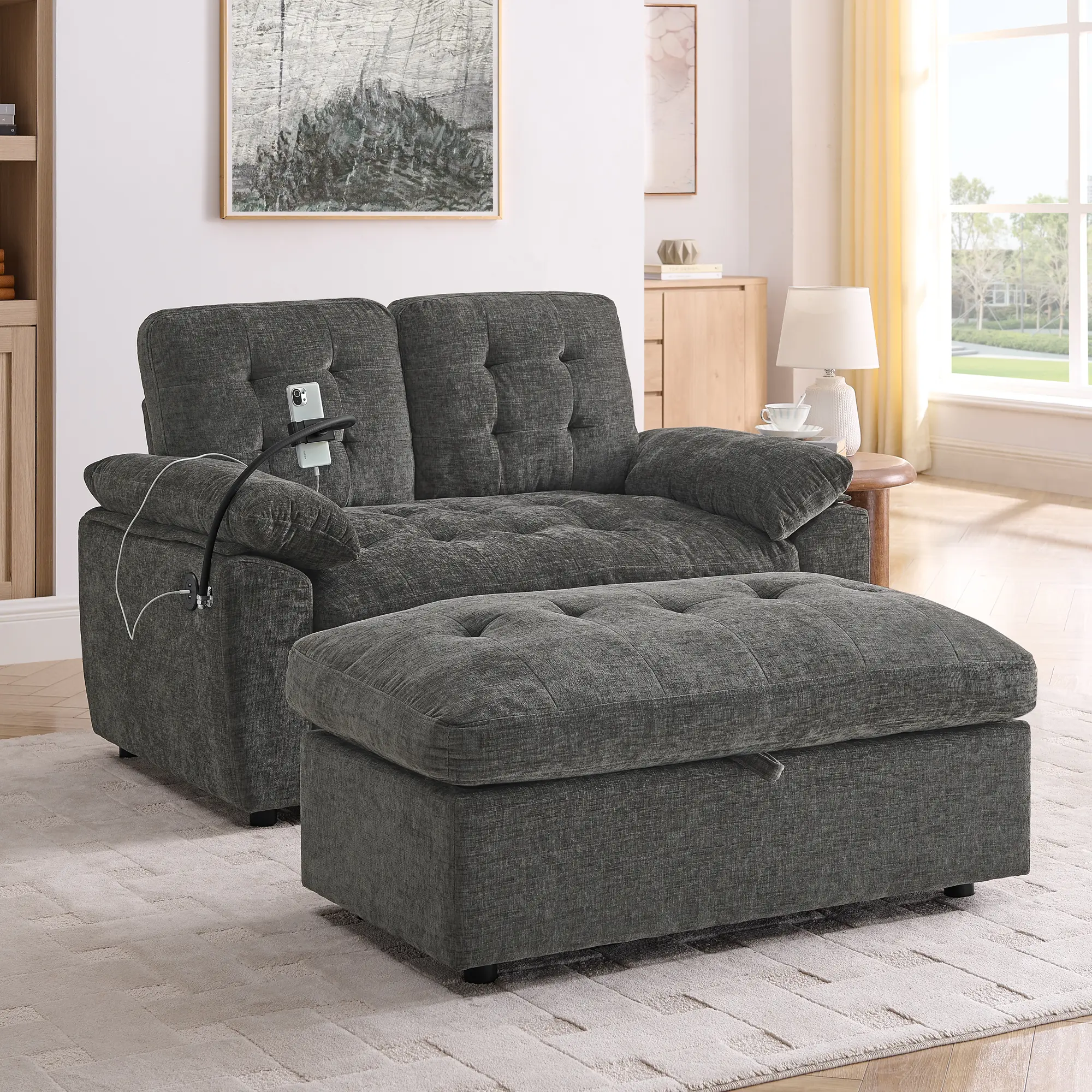 Niccae Modern Double Sofa Couches for Living Room - Manual Recline Adjustment, Fixed Arms, Foam-Cushioned Armrests, Side USB Charging Port, Phone Stand, Matching Storage Ottoman - Brown Indoor Apartment Furniture, Apartment Decor, Furniture For Apartment