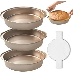 8 Inch Cake Pan, 3PCS Nonstick Round Baking Pans with 50PCS Parchment Papers, Durable Birthday Circle Cake Baking Pan with Handle for Multi-Layer Cakes, Dishwasher Safe