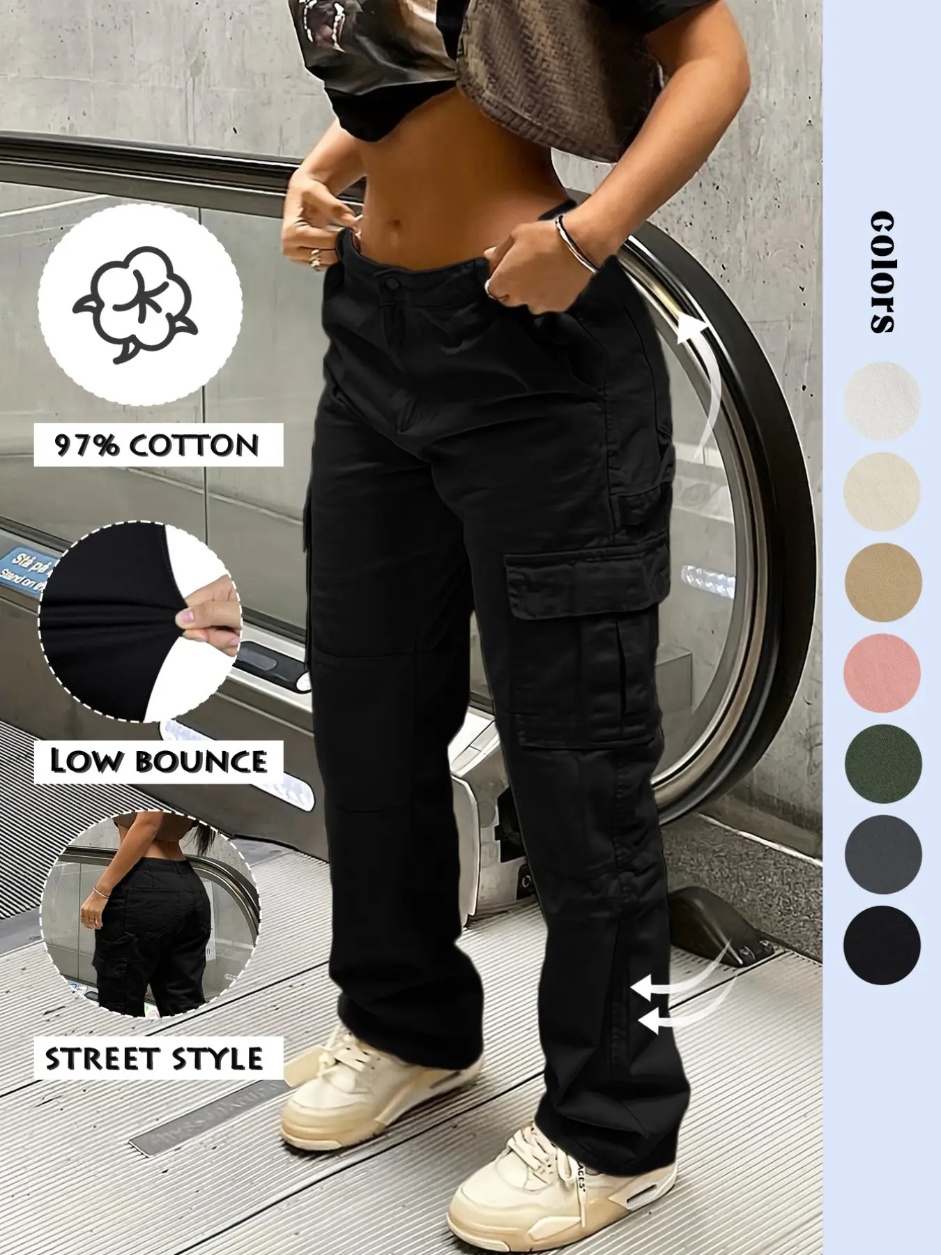 Women's Y2K Style Multi-pocket Button Cargo Jeans, Casual Everyday Streetwear Baggy Loose Oversized Stretchy Cotton Woven Denim Jeans for Daily Wear, Ladies Bottoms Pants for All Seasons, Womenswear