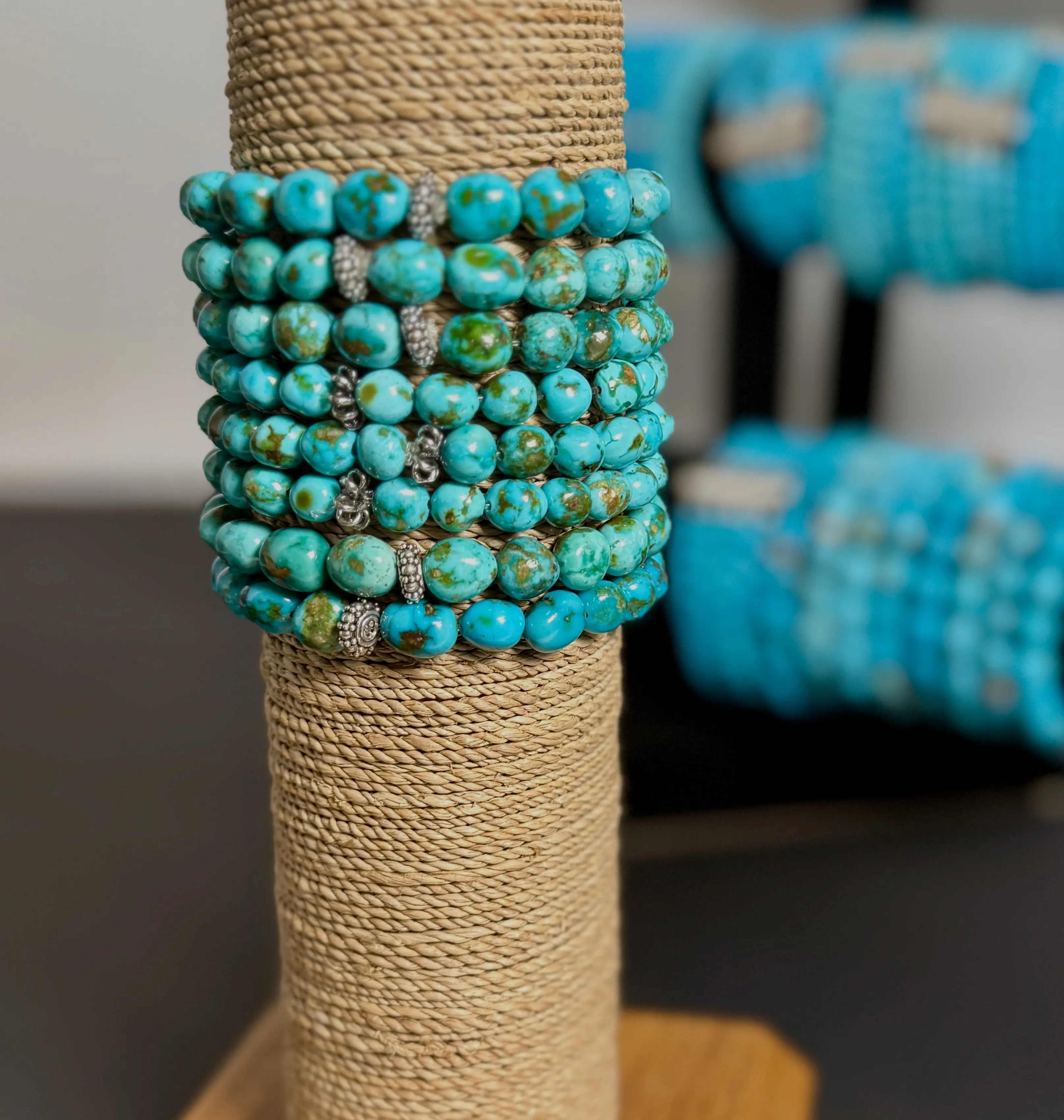 Women's Sonoran Turquoise Stretch Bracelet - Genuine Baroque Shape Beaded Band with Sterling Silver Spacer Accent, Turquoise Jewelry