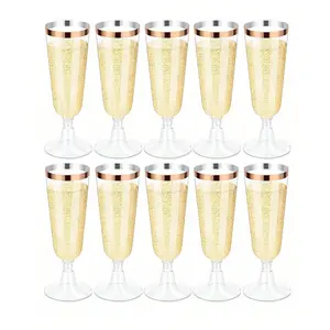 10 Pack Champagne Cups Plastic Wine Glasses, Drinkware Set, Elegant Rose Gold Trim, Ideal for Celebrations, Weddings, Parties