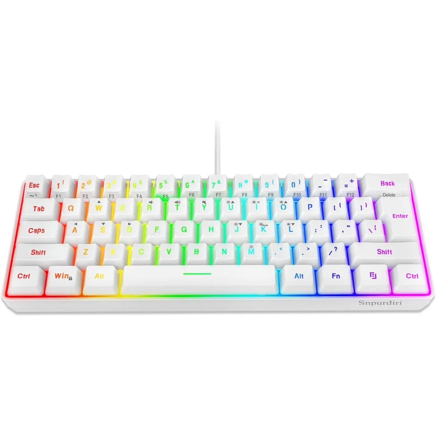 Snpurdiri 60% Wired Gaming Keyboard 61 Keys RGB Backlit Wrist Rest Ultra-Compact Mini Waterproof for PC Gamer White Ergonomic Membrane Build Plug & Play