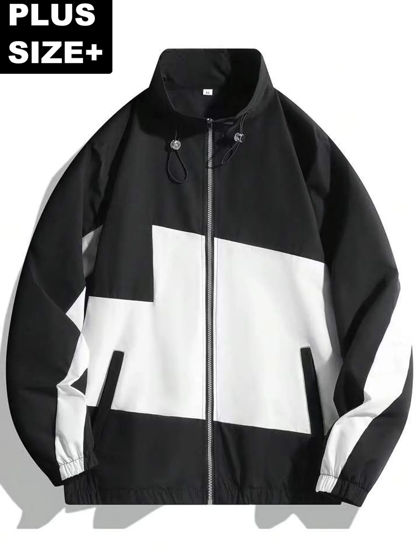 Men's Plus Size Colorblock Jacket, Casual Oversize Long Sleeve Polyester Hooded Zip-Up with Pockets, Menswear, Coats, Baggy, Oversized, Tops, Longsleeves, Stylish, Pocketed