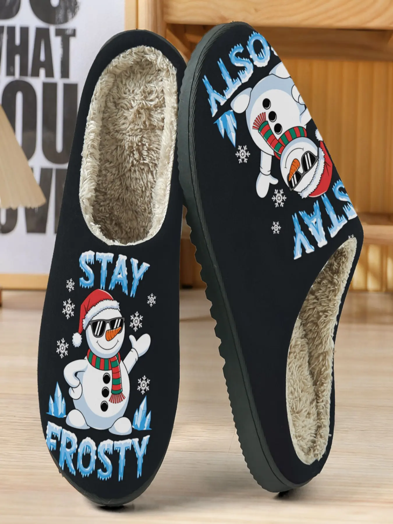 Cool Snowman Theme Holiday Fun Cotton Slippers, Base with Sunglasses and Christmas Decor, Soft Plush Lining, Casual Home Wear