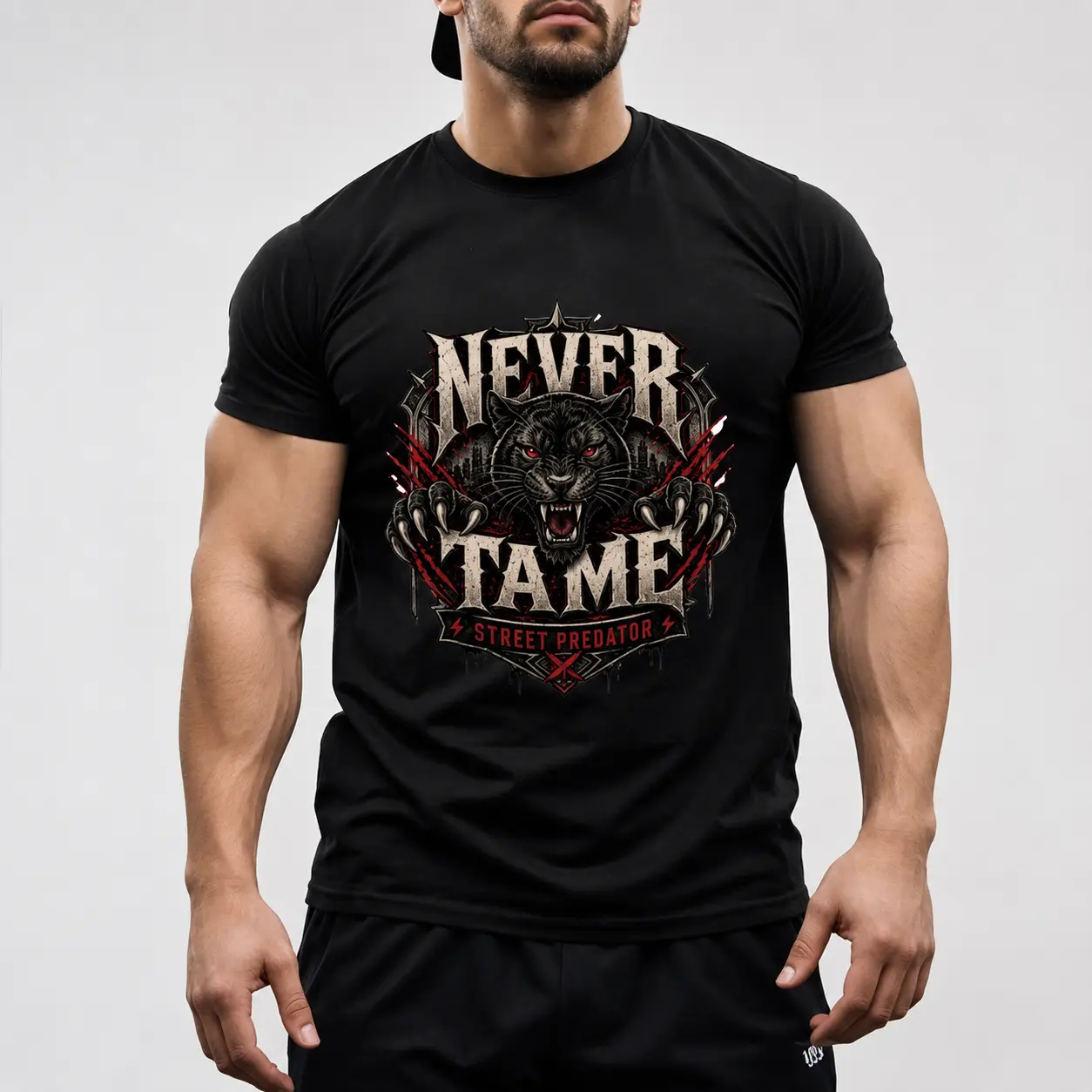Men's Never Tame Panther Graphic Short-Sleeve T-Shirt - Bold Grunge Vintage Urban Streetwear, Hip Hop Gym Pump Cover, Summer Casual Top, Wild Cat Gift for Men