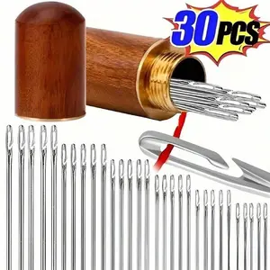 Self-threading Needle Set, 30pcs/set Multi-purpose Household Hand Sewing Needle with Wooden Needle Case, Sewing Supplies for Home & Cloth Shop Use