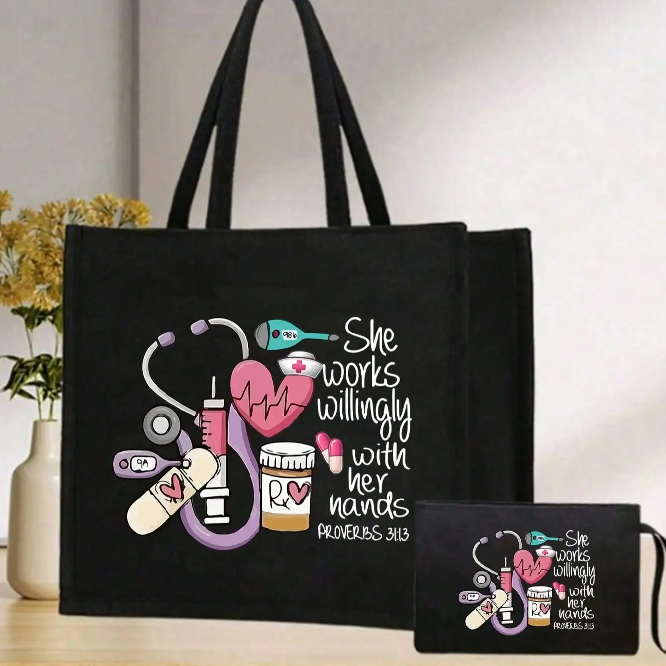 Nurse Theme Handbag and Cosmetic Bag Set, Large Capacity Linen Shoulder Bag, Casual Style, Ideal for Nurses and Healthcare Workers