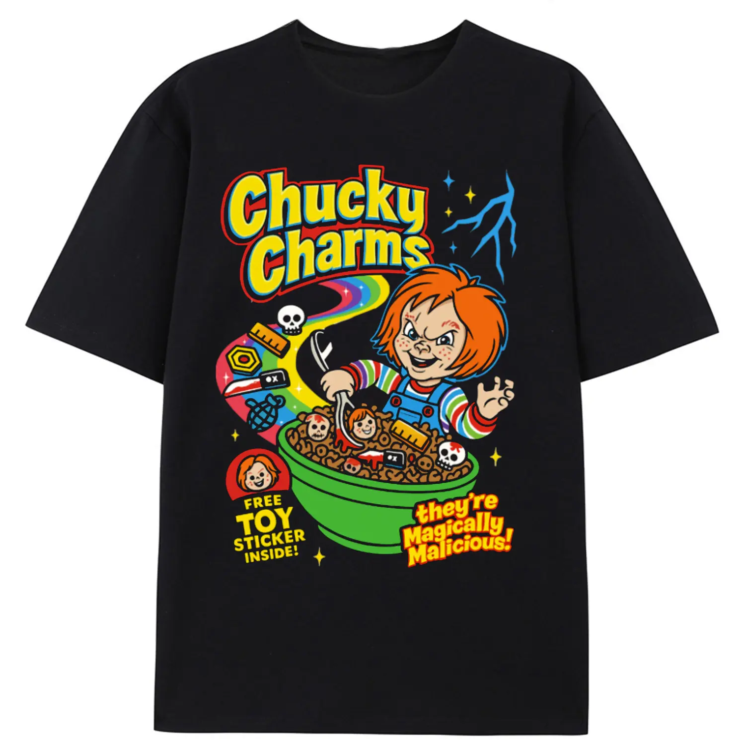Men's Streetwear T-Shirt with Chucky Charms "Magically Malicious" Graphic, Short Sleeve Round Neck Halloween Horror Top