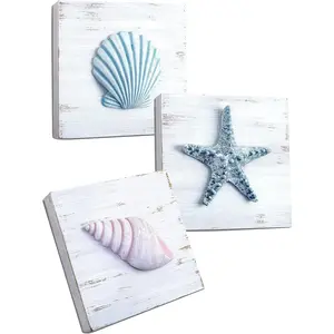 3D Beach Wall Art - Seashell with Starfish for Coastal Bathroom Decor, Ocean Inspired Decor for Bathroom, Coastal Bedroom, Living Room or Beach House, Set of 3 (6"x 6")
