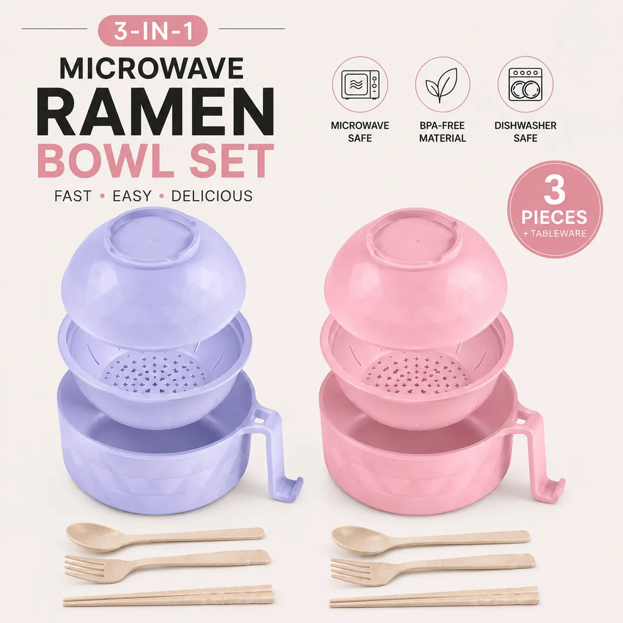 MIUVA Microwave Ramen Bowl 2 Pack 33 Oz Noodle Cooker Set with Lid Removable Strainer Handle Spoon Fork and Chopsticks for College Dorm Office Home Pink Purple