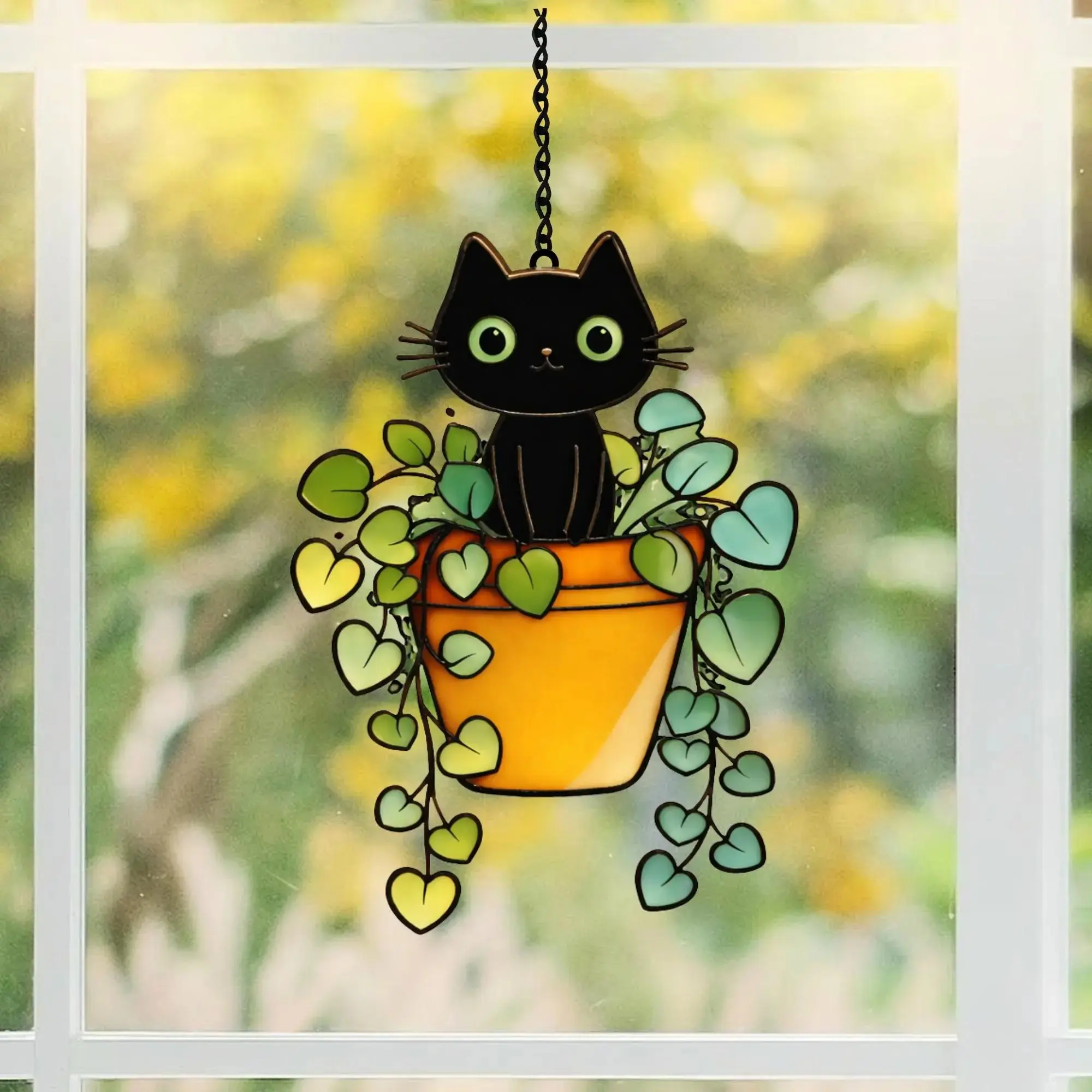 Black Cat Potted Plant Acrylic Suncatcher, Faux Stained Glass Window Hanging