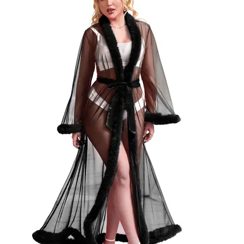 Women Long Kimono Robe Plus Size Mesh Fur Robe Lingerie Feather Bridal Loungewear Nightwear Gowns Robe