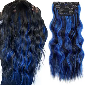 Clip in Hair Extension 20 Inch Long Wavy Synthetic Hair Black Mix Blue Highlights 4PCS Thick Fiber Double Weft for Women Loose Curly