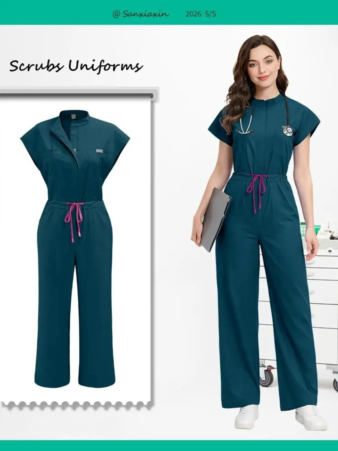 Elastic Slim Fitting Casual Plain Scrubs Jumpsuit | All-in-One Workwear Uniforms Clothes for Pet Resort Staff, Holistic Healing Spa Professionals, and Senior Living Community Caregivers