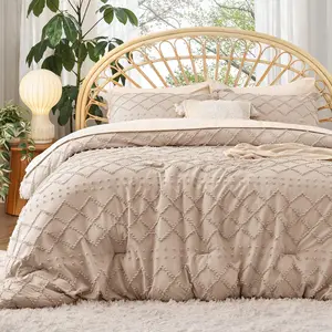 King Comforter - Warm Tan Comforter, Boho Tufted, 3 Vintage Farmhouse for Seasons, Fluffy with 2 Pillow Shams