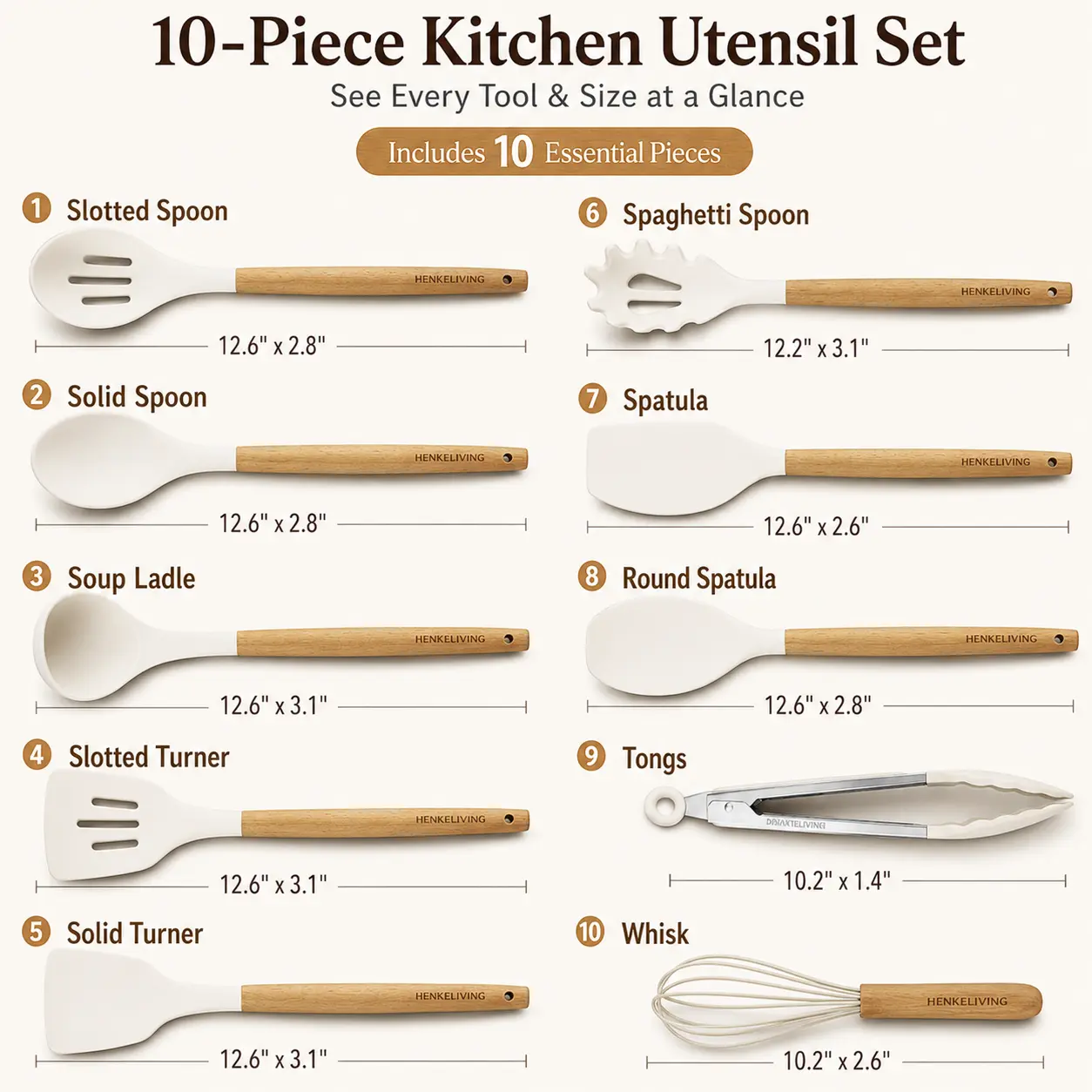 HENKELIVING 10-Pcs Silicone Kitchen Utensils Set - BPA-Free, Heat-Resistant Wood Handles, Non-Scratch Spatulas for Nonstick Cookware