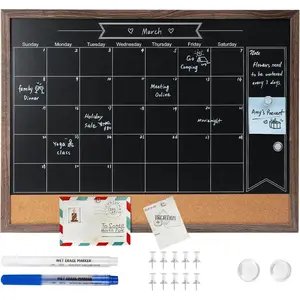 Chalkboard Calendar with Cork Board, 24x18 Inch  Frame Bulletin Board for Wall,  Chalk Calendar Board with Chalk Markers, Push-Pins and ,Grey