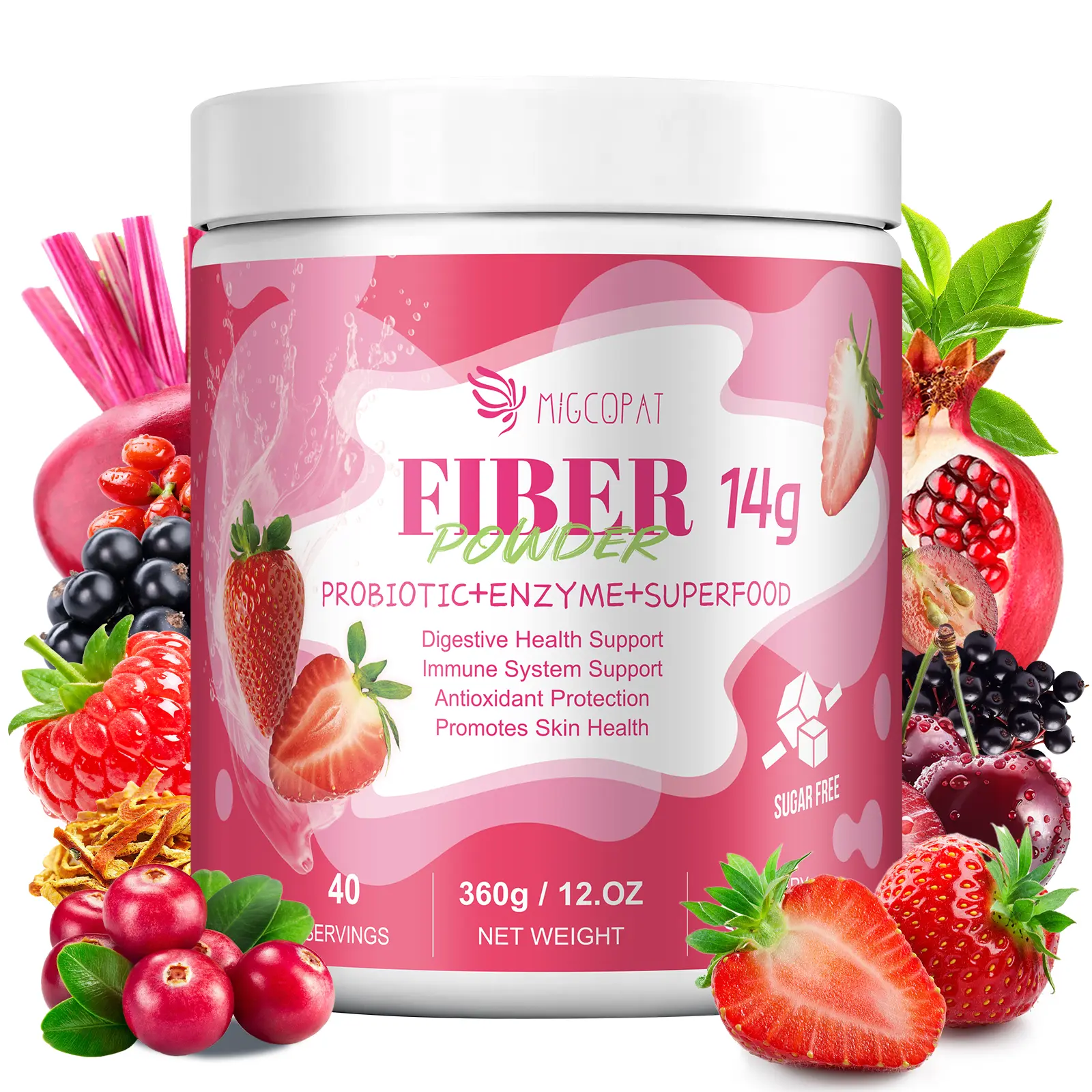 12.OZ Migcopat Superfood  Fiber Powder with Probiotics, Prebiotics, Digestive Enzymes, Vitamin C, Inulin, Magnesium, 14G Fiber Supplement for Digestive Support & Skin Health, Strawberry, 40 Serv,#Summervibes outdoorfun