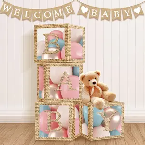 Boho  Boxes Balloons  Shower Decorations - 4 Rustic Farmhouse Style Transparent Balloon Boxes with Burlap Grain, 32 Pastel Balloons for   Shower Birthday