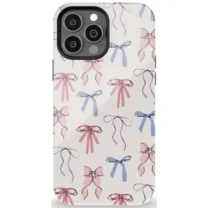 Coquette Girlie Pastel Bows Case Sweet Blue and White Bow Pattern Durable Shock Absorbing Two in One Mobile Phone Case for iPhone 17 16 15 14 13 and Other Series Models