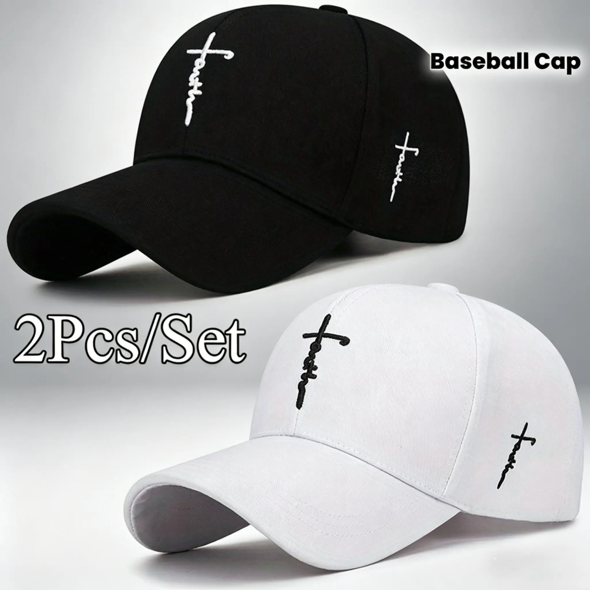 Unisex 2-Pack Black & White Baseball Caps - Mens Hats with Skull Graphic, Cross Embroidery, Durable Athletic Knit, Adjustable Breathable Lightweight for Outdoor Sports, Daily Wear