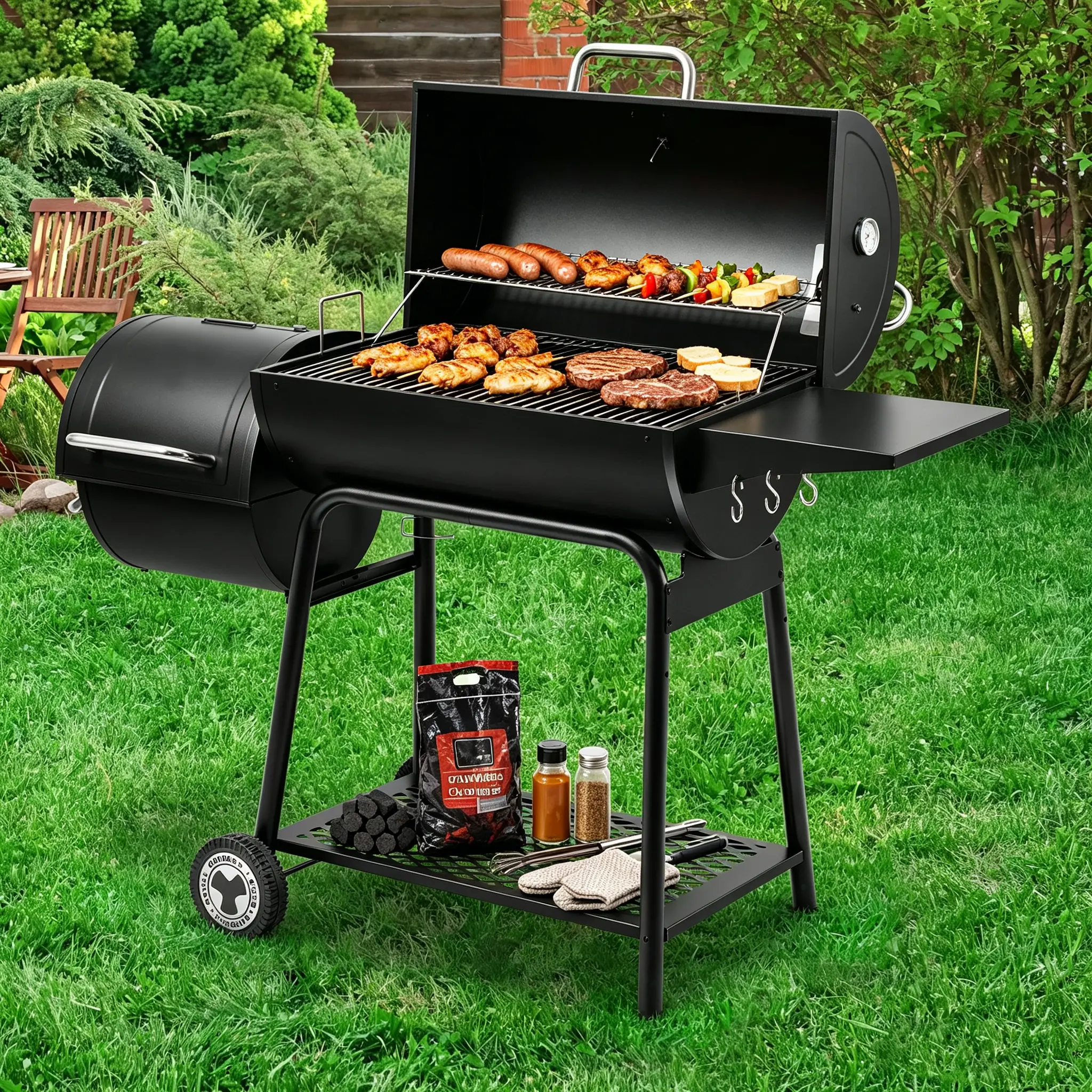 Royal Gourmet CC1830M 30-Inch Barrel Charcoal Grill with Offset Smoker, 811 Sq. In. Outdoor BBQ Grill,Open Storage Shelf for Charcoal & BBQ Tools, for Backyard Cooking & BBQ Parties, Black Heat Resistant Bbq Barbecue