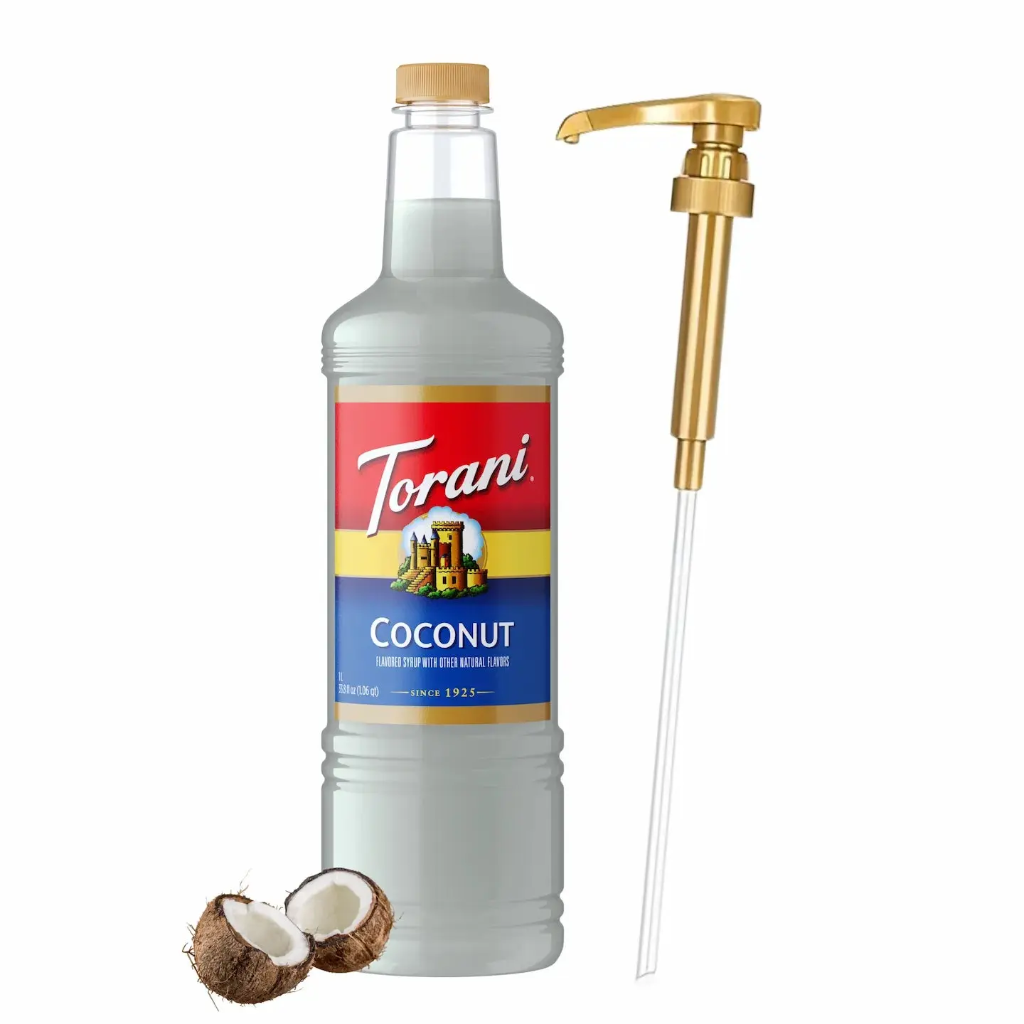 Torani Coconut Syrup - 1L Bottle with Pump, Premium Drink Flavoring Made with Pure Cane Sugar & Natural Flavors for Coffee, Cocktails, Desserts