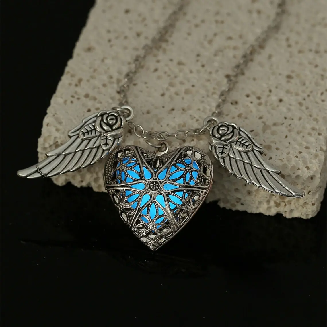 Vintage Angel Wings Heart Locket Necklace, Matching Couples Memorial Jewelry Gift for Mother Daughter