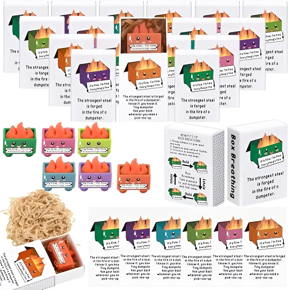 48sets Mini Dumpster Fire Ornament Sets Labor Day Humorous Gift for Nurse Teacher Employee IT Administrative Service Industry Workers Glow in Dark Resin Figurine with Box Set Emotional Support Anxiety Relief Gift for Desk Accessories