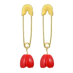 Safety Pin Sterling Silver Earrings with hand carved red coral flower dangle, minimalist, floral, bright red