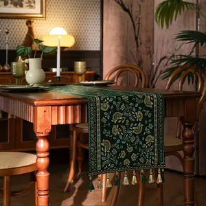 A Green Table Runner with Vine Patterns for Decoration in Dining Rooms, Living Rooms, Kitchens, And Offices, Suitable for Dining Tables, Coffee Tables, And Cabinets