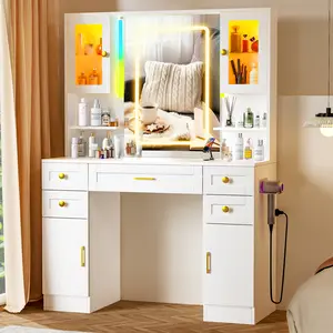 【Valentine's Day gift】Makeup Vanity Mirror with Light, Large Women Vanity Desk with Touch Screen Mirror Lights & Power Outlet, 4 Cabinet, 2 Shelves & 5 Drawers for Bedroom,[Gift Idea]