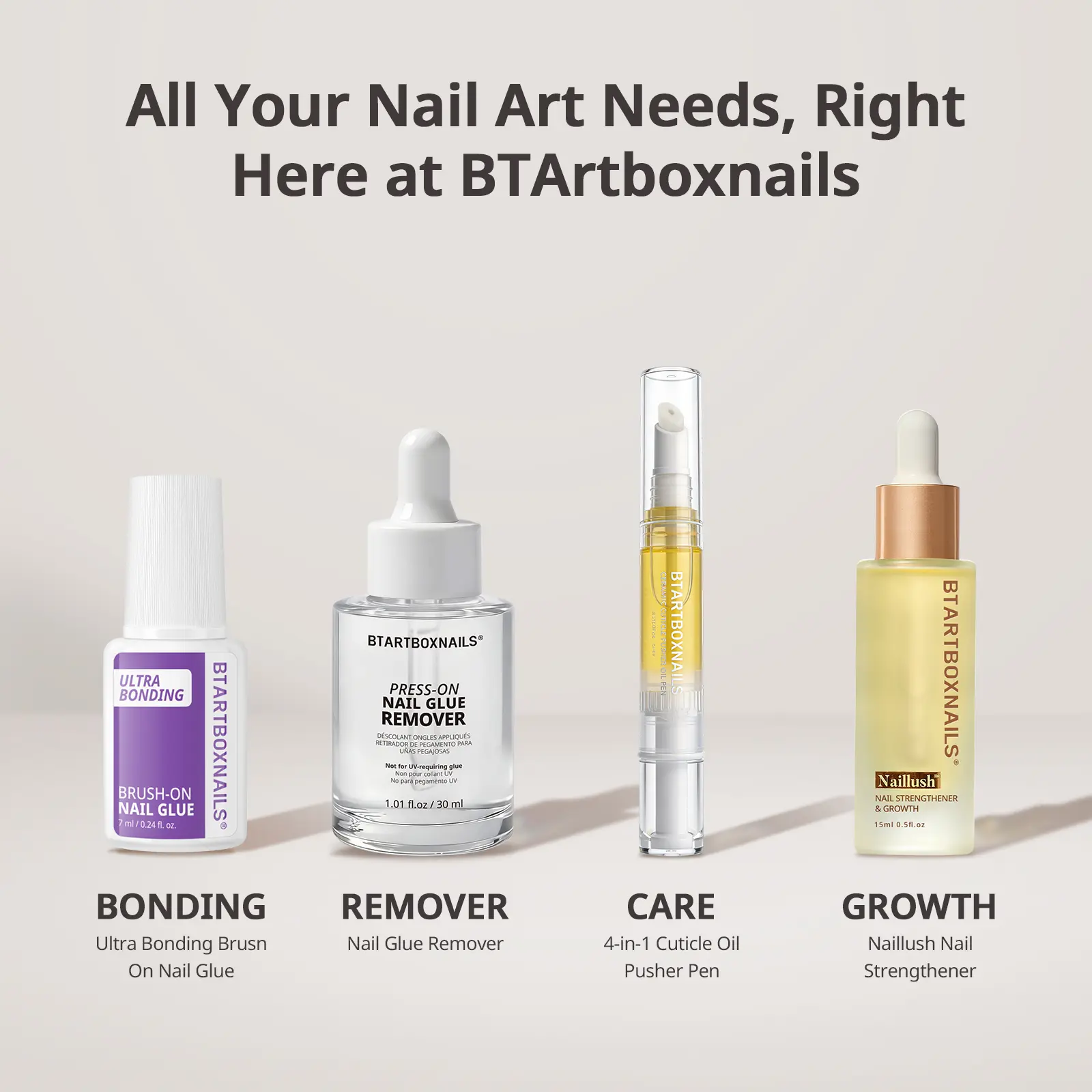 BTArtboxnails Press On Nails Glue Remover Set - Acetone-Free, Odorless,4-in-1 Cuticle Care Pen, Gentle & Non-Irritating Quick Apply & Remover for Fake Nails