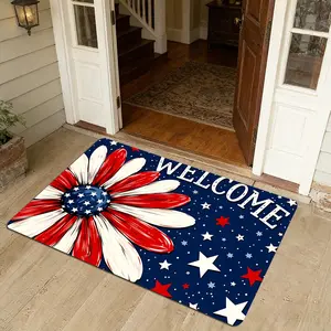 1pc Flowers American Flag Pattern Welcome Entrance Mat, Independence Day Party Home Decorate Rug, Ideal for Living Room Kitchen Bedroom, Perfect Gift for Family Friends, Floral Mat