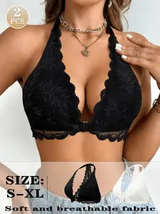 2PCS Halter Bra Sexy Chic Elegant Open Back Bralette for Party Date Night Soft Breathable Wireless Front Closure V-Neck Underwear for Ladies Womenswear