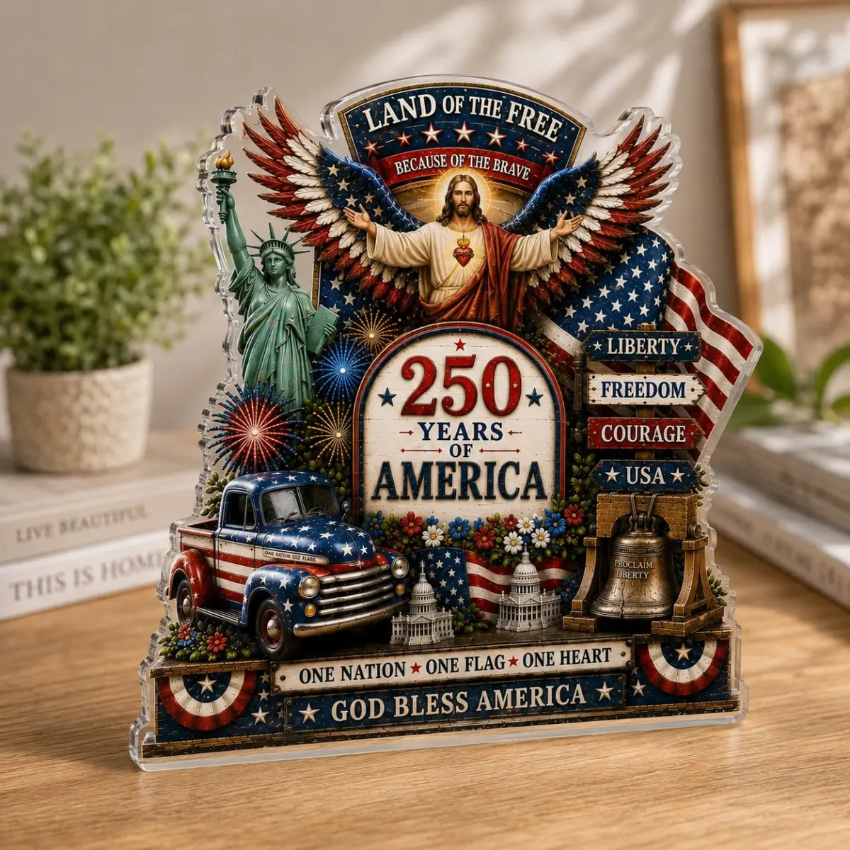 America 250 Christian Veteran Acrylic Block Plaque, Patriotic Family Legacy Desk Decor, Jesus & Eagle Military Tribute Gift for Veteran Grandpa, hristian Family Legacy Gift, God Bless America, Desk Decoration for Dad or Grandpa