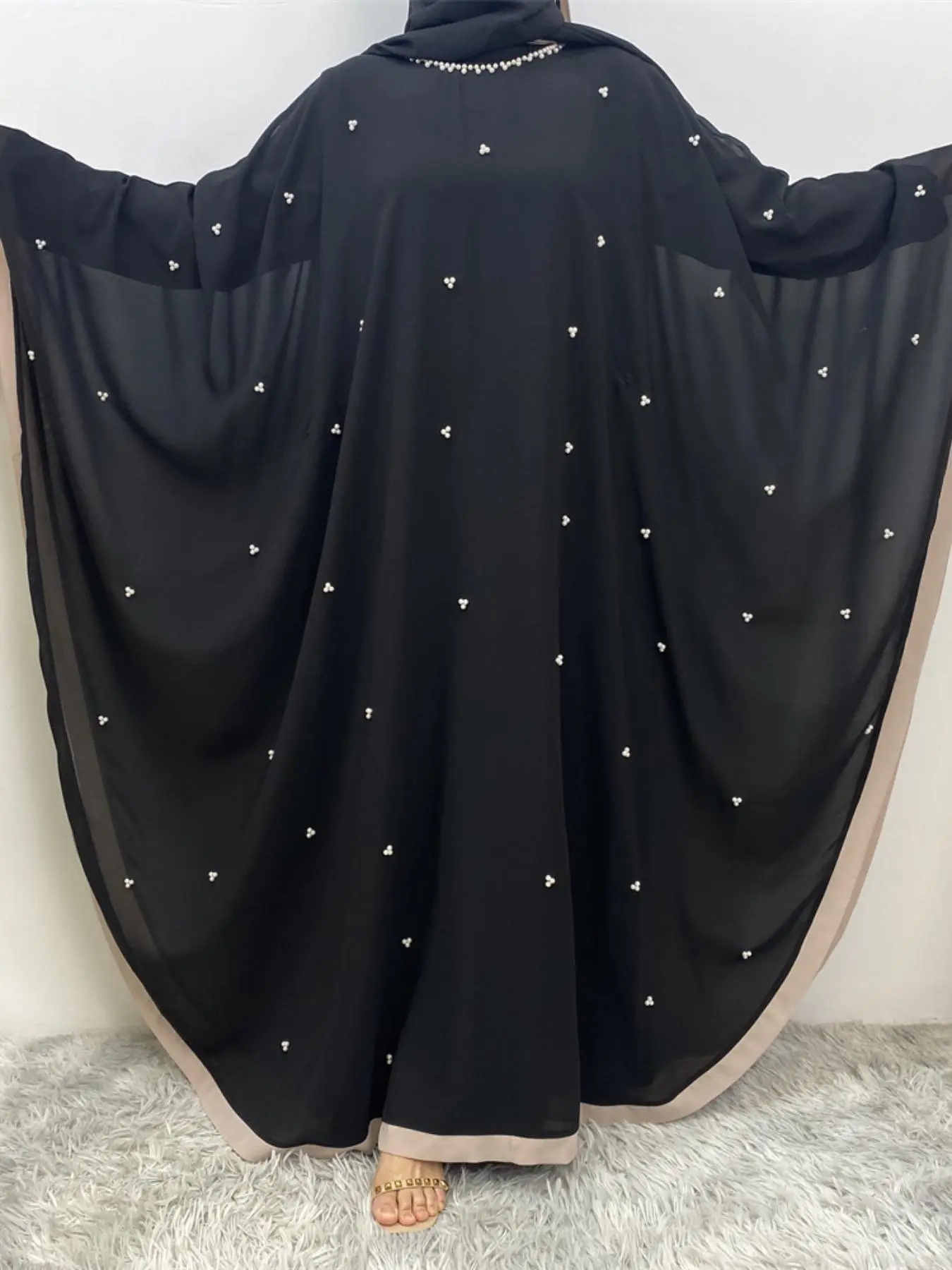 Women's Colorblock Print Batwing Sleeve Chiffon Abaya without Hijab, Chic Modest Fashion Long Sleeve Round Neck Muslim Abaya for Daily Wear, Modest Muslim Outfits, Muslim Clothing, Caftan, Ladies Clothes for All Seasons