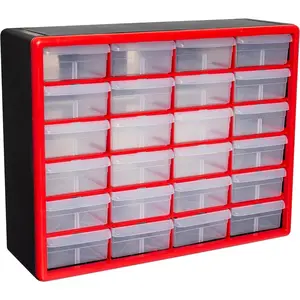 24-Drawer Drawer Cabinet for Organization, Bead Organizer, Building Bricks, Teacher Toolbox, Makeup Organizer, 20" W x 6" D x 16" H, 10124 Red